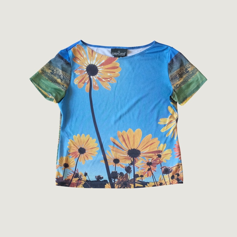 Carole Little Sport Petites Top Sunflower Landscape Print Blue Vintage 90s M USA